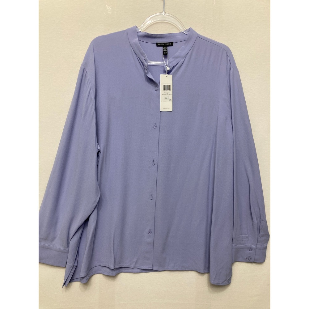 New Eileen Fisher Mandarin Collar Top 1X Purple Silk Luxury Button Down Relaxed